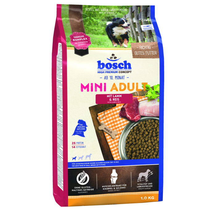 Сухий корм для собак Бош Міні Едалт, з Ягням та Рисом (1 кг), Bosch Mini Adult Lamb and Rice