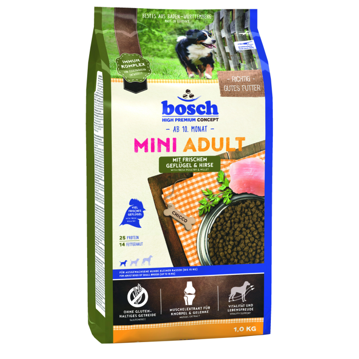 Сухий корм для собак Бош Міні Едалт з птицею та зерновими (1 кг), Bosch Mini Adult Poultry and Millet