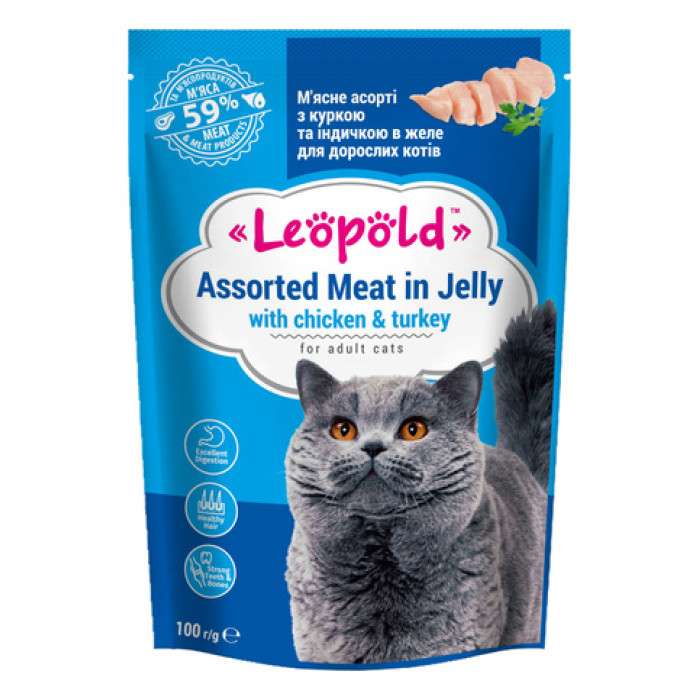 Консерви для котів Леопольд асорті з курки та індички в желе (100 г)