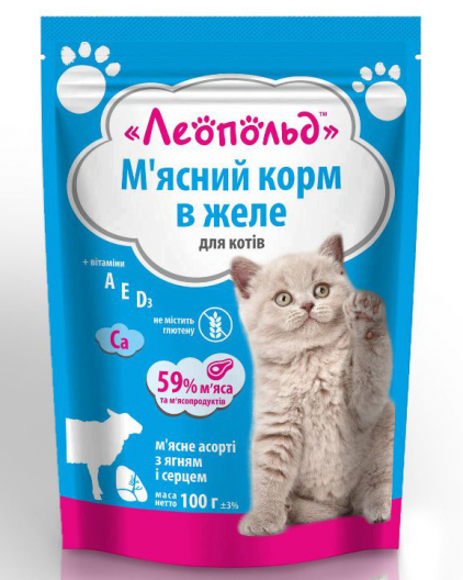 Консерва для котів Леопольд М'ясне асоорті з ягням і серцем (100 г) - 1