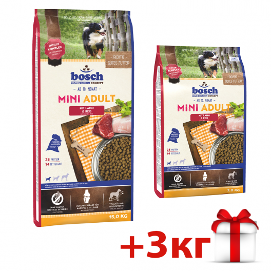 Акція Корм для собак Бош Міні Едалт (ягня та рис) 15 кг+ 3 кг - 1